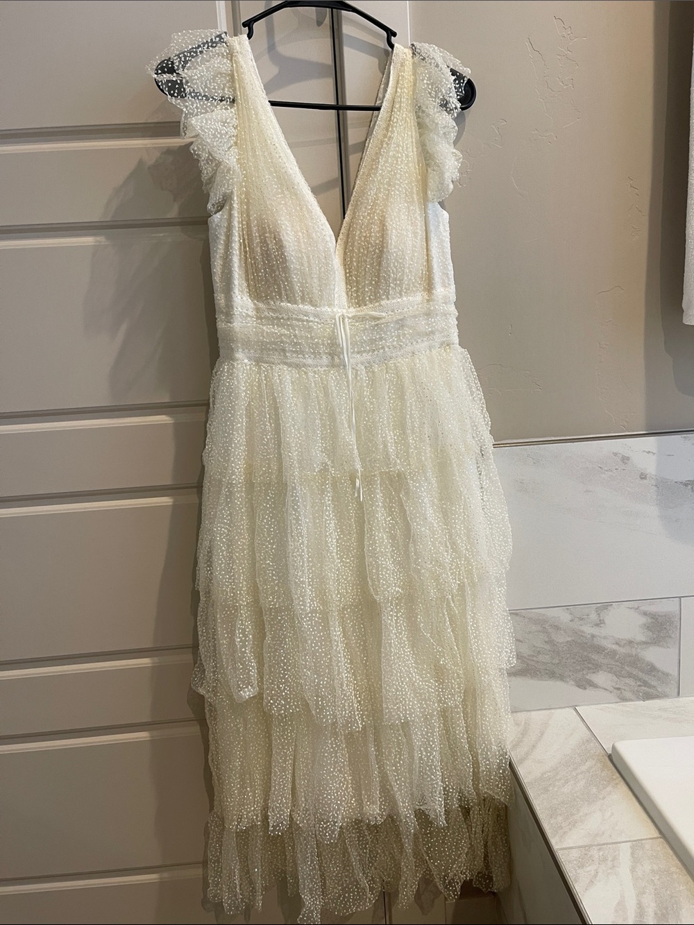 Ivory Tiered Dot Tulle V-Neck Wedding Dress